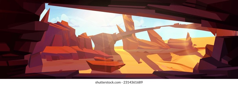 Stone cave entrance, mine in rock in desert. Landscape with tunnel in mountains, sand and cliffs. Nature scene with underground cavern entrance in desert, vector cartoon illustration