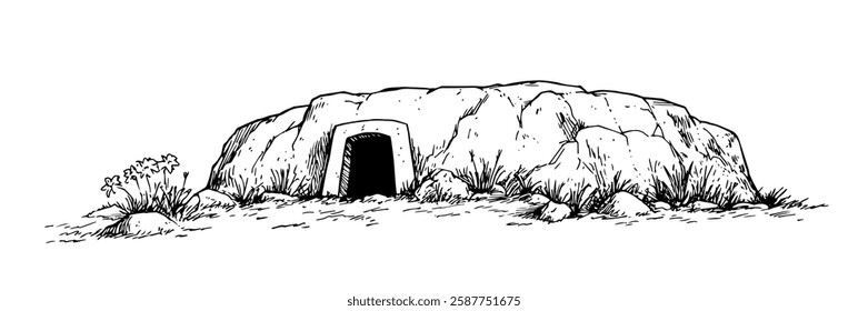 stone cave entrance in rocky landscape in hand-drawn line art style