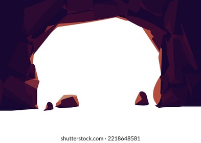 Stone cave entrance template flat style, vector illustration on white background. Empty white space and stone frame, hole in rock, decorative design element