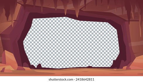 Stone cave entrance. Transparent background with granite frame. Tunnel hole in rock. Natural cavern mine with stalagmites. Underground cliff. Mountain grotto stonewall