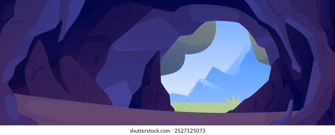 Fondo de Vector de entrada de cueva de piedra, vista desde la cueva o túnel en el orificio de salida. Paisaje de cueva de dibujos animados con salida, vista de la naturaleza exterior. Túnel de mina rocosa subterráneo vacío