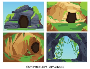 Stone cave entrances set, wild nature landscape - cartoon flat vector illustration. Abandoned caves with moss and tropical plants. Concepts of adventure and exploration.