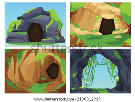 Stone cave entrances set, wild nature landscape - cartoon flat vector illustration. Abandoned caves with moss and tropical plants. Concepts of adventure and exploration.