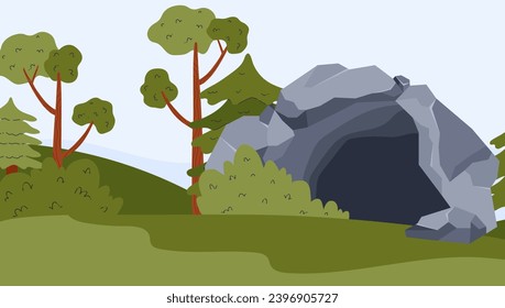 Stone cave in forest cartoon vector illustration. Cave entrance surrounded by trees, bushes scene. Art for computer games, banner.