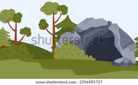 Stone cave in forest cartoon vector illustration. Cave entrance surrounded by trees, bushes scene. Art for computer games, banner.