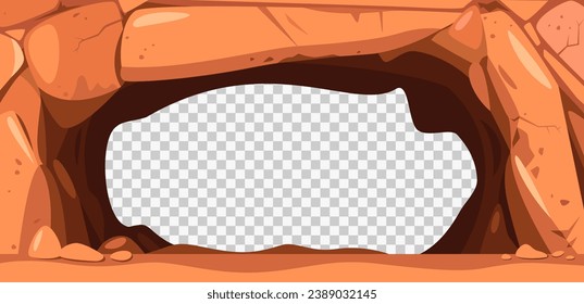 Stone cave frame. Underground mine hollow with red stalactite and stalagmite, fantasy prehistoric landscape with old rock tunnel. Vector cartoon set. Land with transparent hole scene