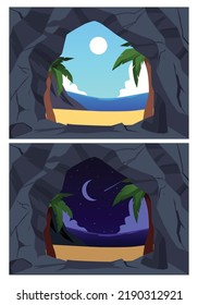 Stone cave or grotto, beach landscape at day and at night, cartoon flat vector illustration. Sunny beach with sea and palm tree, view from inside of the stone cave. Traveling and adventure.