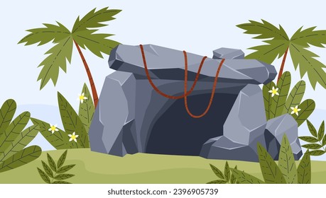 Stone cave in the jungle. Vector illustration drawing in cartoon flat style. Entrance in rock. Old passage into cavern to dark underground depths. Surrounded by tropical greenery, lianas and palms.