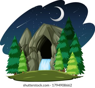 Stone cave in the night scene isolated on white background illustration