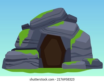 Stone cave overgrown with moss with entrance flat vector illustration isolated on sky blue background. Underground cave in mountains, hillside or cliff.