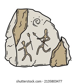 A stone with a cave painting, image of Neanderthals and primitive people. Hunters with spears in the Stone Age vector illustration in doodle sketch style. Parietal Petroglyphic art