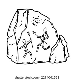 A stone with a cave painting, image of Neanderthals and primitive people. Hunters with spears in the Stone Age vector linear icon in doodle sketch style. Parietal Petroglyphic art