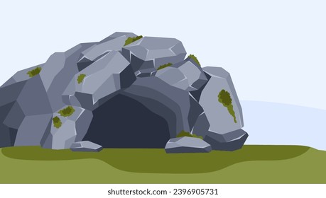 Steinhöhle. Vektorgrafik einzeln auf weißem Hintergrund. Zeichnen in Cartoon flach Stil. Eingang in den Felsen. Alter Durchgang in Höhlen auf grünem Gras und Boden in dunkle Tiefen.