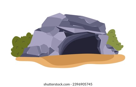 Stone cave, vector illustration isolated on white background. Entrance in rock. Drawing in cartoon flat style. Old passage into cavern on green grass and soil to dark underground depths.