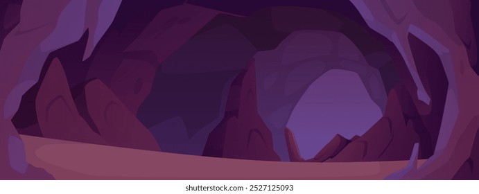 Vector de cueva de piedra de fondo rocoso. Paisaje de cueva gris de dibujos animados. Túnel subterráneo vacío. Mina de fantasía para diseño de interfaz de nivel de juego.