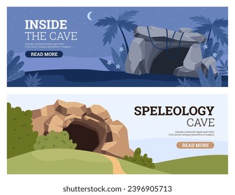 Stone caves, vector illustration in horizontal templates, cartoon style. Banners with entrance in rock in different nature landscapes. Old passages into caverns, dark underground depths.