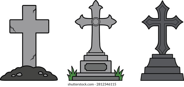 Stone Cemetery Cross Monument Flat Vector Collection