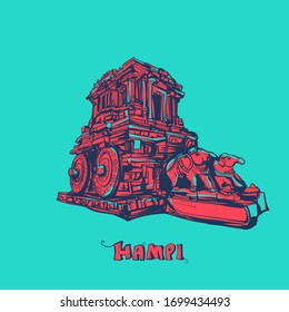 Stone Chariot - Hampi. Flat colour vector illustration 