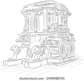 Stone chariot, Hampi Monuments, Hand drawn in thin line style