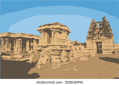 Stone chariot at the Vitthala Temple in Hampi vector landscape.