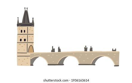 Stone Charles bridge with tower and statues in Prague. Medieval Gothic architecture of Czech Republic. Colored flat vector illustration of popular European landmark isolated on white background