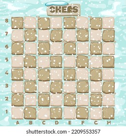 Stone chess board on a background of snow. Vector game chess online, winter design.