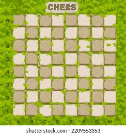 Stone chessboard on a background of grass. Vector chess for playing online.