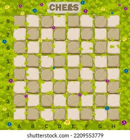 Stone chessboard on a background of meadow with flowers. Game chess online.