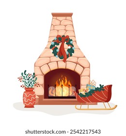 Stone chimney breast with fireplace of old house decorated for winter holidays Cozy Christmas interior bonfire with wreath, gifts, candles inviting warm fire Classic fireplace vector flat illustration