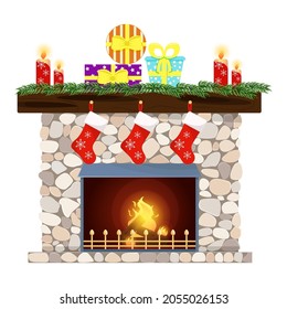 Stone Christmas fireplace, decorated with fir branches, candles, gift boxes and Christmas socks. Vector illustration.