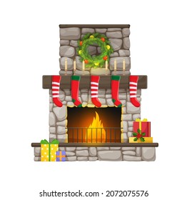 Stone Christmas fireplace, fire and chimney with vector Xmas gifts, stockings and candles, present boxes, Christmas tree wreath and balls. Xmas winter holiday home decoration and interior design