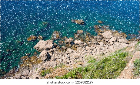 Stone coast of the sea. Vector colorful illustration. Pointillism style.