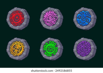 Stone coins or amulets with colored symbols of ancient Aztec civilization and hieroglyphs of the Maya calendar. Symbols for your 2D games or slots