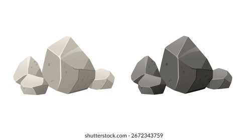 Colección de piedra con rocas grises claras y oscuras. Rocas poligonales geométricas en diferentes Formas y tamaños. Elementos minerales de estilo de dibujos animados para proyectos de diseño. Ilustración vectorial aislada.
