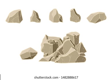 Stone collection and pile. Vector illustration. 3D realistic rock.