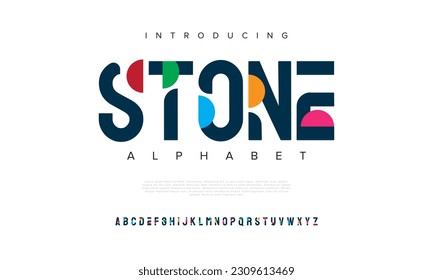 Stone bunten abstrakte digitale Technologie Logo Schriftart Alphabet. Minimal moderne urbane Schriften für Logo, Marke etc. Typografie Schrift Groß- und Kleinschreibung und Zahl. Vektorgrafik