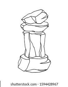 stone column of boulders, landscape design for aquarium or Park, natural weathering, vector illustration with black contour lines isolated on white background in hand drawn and Doodle style