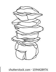 stone column of boulders, landscape design for aquarium or Park, natural weathering, vector illustration with black contour lines isolated on white background in hand drawn and Doodle style