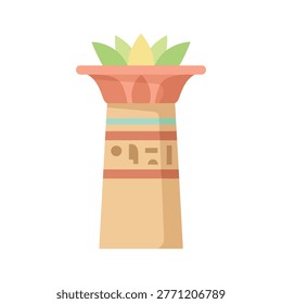 Stone column with lotus flower capital and hieroglyphic carvings in flat design style.