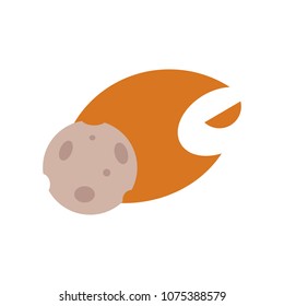 Stone comet or asteroid or meteor with craters flying with fire behind. Fantastic space, cosmic element. Astronomy, galaxy exploration design object. Vector flat illustration