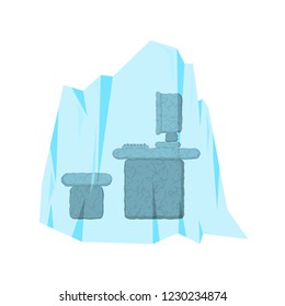 Stone computer frozen in ice. Prehistoric pc. Old laptop. ice Age Technology
