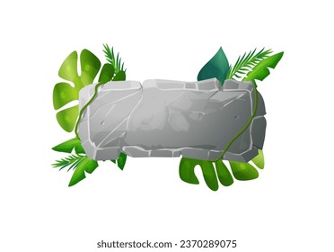 Stone cracked board with tropical leaves on the background. Ancient plate with blank space. Isolated cartoon vector illustration for game ui element, banner, sign.