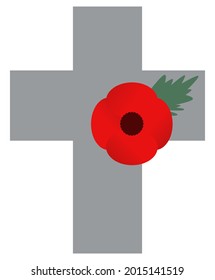  Stone cross with red poppy. Cemetery headstone. Memory symbol Minimal vector illustration for Remembrance Day, Anzac Day. Isolated on white background