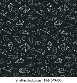 Stone and crystal seamless pattern in hand-drawn style. White print on black background
