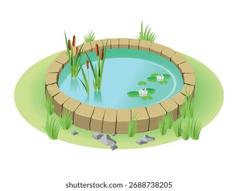 Estanque de pantano decorativo de piedra. Vector 3D ilustración de arte