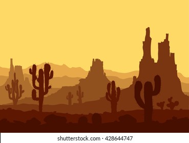 Stone desert. Landscape with sunset in stone desert with cactuses and mountains. Vector illustration. 