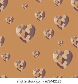 Stone, diamond, paper hearts vector pattern on brown background for textile, ceramics, fabric, print, cards, wrapping
