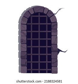 Stone door with bars in prison. Cartoon door of the castle, vector illustration