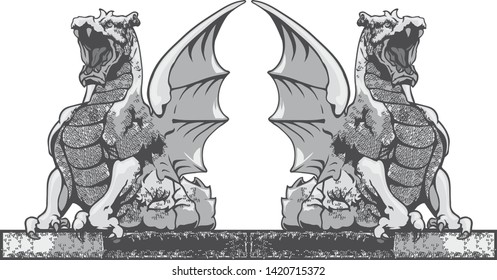 Stone dragon and gargoyle  mythical stone creature. Vector illustration