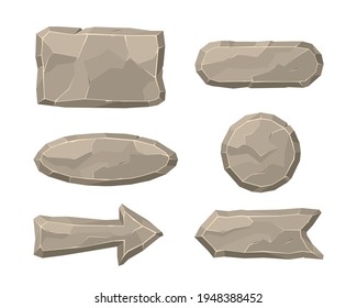 Stone elements of interface flat vector illustration. Cartoon panel of rubble rocks in form of frames, figures or buttons. Prehistorical, wild, nature concept for apps, banner or web design